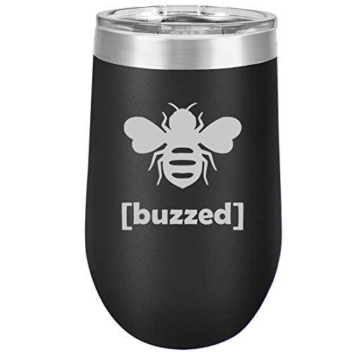 16 oz Double Wall Vacuum Insulated Stainless Steel Stemless Wine Tumbler Glass Coffee Travel Mug With Lid Buzzed Bee (Black)