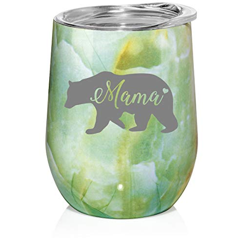 12 oz Double Wall Vacuum Insulated Stainless Steel Marble Stemless Wine Tumbler Glass Coffee Travel Mug With Lid Mama Bear Mom Mother (Turquoise Green Marble)