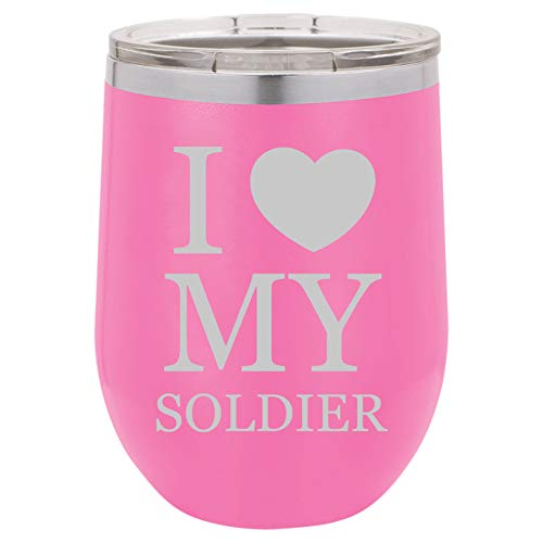 12 oz Double Wall Vacuum Insulated Stainless Steel Stemless Wine Tumbler Glass Coffee Travel Mug With Lid I Love My Soldier (Hot-Pink)