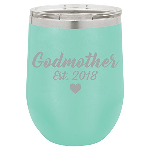 12 oz Double Wall Vacuum Insulated Stainless Steel Stemless Wine Tumbler Glass Coffee Travel Mug With Lid Godmother Est 2018 Christening Baptism (Teal)