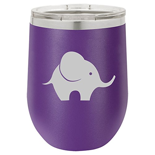 12 oz Double Wall Vacuum Insulated Stainless Steel Stemless Wine Tumbler Glass Coffee Travel Mug With Lid Baby Elephant (Purple)