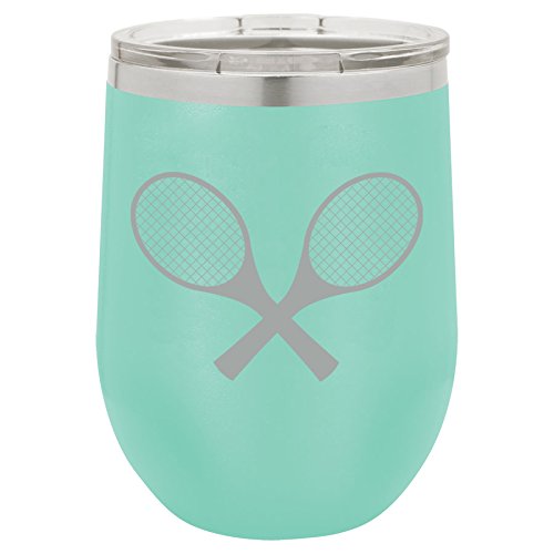 12 oz Double Wall Vacuum Insulated Stainless Steel Stemless Wine Tumbler Glass Coffee Travel Mug With Lid Tennis Racquets (Teal)