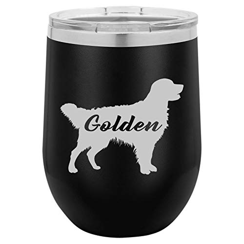 12 oz Double Wall Vacuum Insulated Stainless Steel Stemless Wine Tumbler Glass Coffee Travel Mug With Lid Golden Retriever 'Golden' (Black)