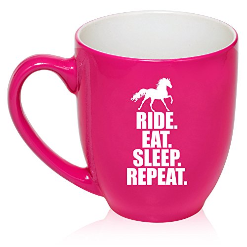 16 oz Large Bistro Mug Ceramic Coffee Tea Glass Cup Horse Ride Eat Sleep Repeat (Hot Pink)