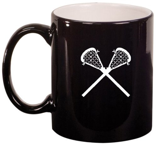 Black Ceramic Coffee Tea Mug Lacrosse Sticks