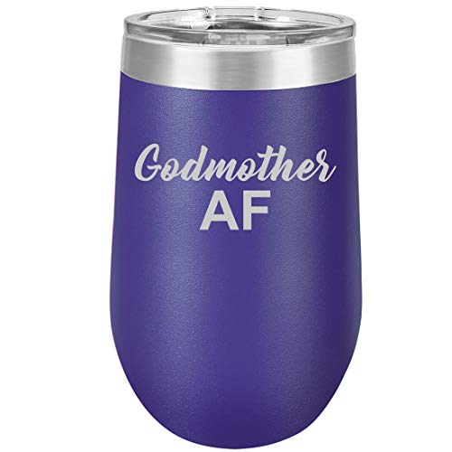 16 oz Double Wall Vacuum Insulated Stainless Steel Stemless Wine Tumbler Glass Coffee Travel Mug With Lid Godmother AF Best Friend Sister Gift (Purple)
