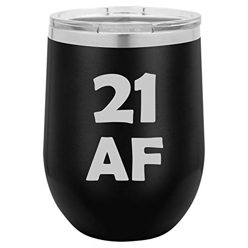 12 oz Double Wall Vacuum Insulated Stainless Steel Stemless Wine Tumbler Glass Coffee Travel Mug With Lid 21 AF 21st Birthday Funny (Black)