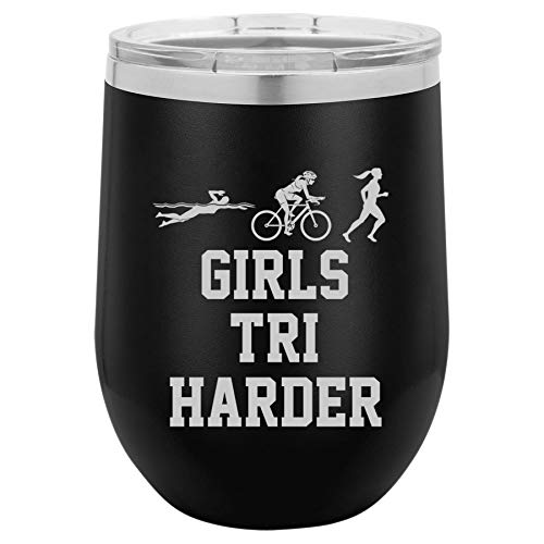 12 oz Double Wall Vacuum Insulated Stainless Steel Stemless Wine Tumbler Glass Coffee Travel Mug With Lid Triathlon Girls Tri Harder Swim Bike Run (Black)
