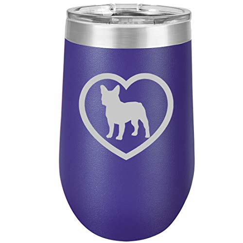 16 oz Double Wall Vacuum Insulated Stainless Steel Stemless Wine Tumbler Glass Coffee Travel Mug With Lid French Bulldog Heart (Purple)