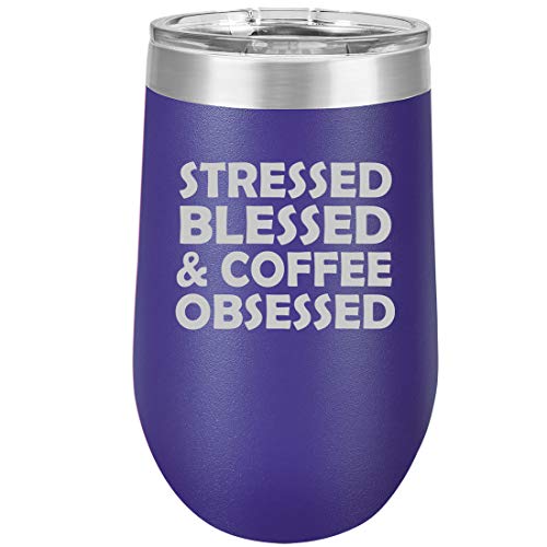 16 oz Double Wall Vacuum Insulated Stainless Steel Stemless Wine Tumbler Glass Coffee Travel Mug With Lid Stressed Blessed & Coffee Obsessed (Purple)