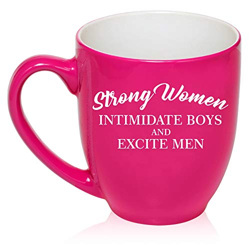 16 oz Large Bistro Mug Ceramic Coffee Tea Glass Cup Strong Women Intimidate Boys And Excite Men (Hot-Pink)