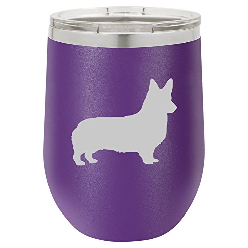 12 oz Double Wall Vacuum Insulated Stainless Steel Stemless Wine Tumbler Glass Coffee Travel Mug With Lid Corgi (Purple)