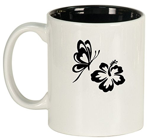 Ceramic Coffee Tea Mug Cup Butterfly and Hibiscus (White)