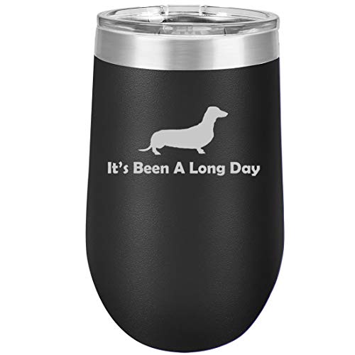 16 oz Double Wall Vacuum Insulated Stainless Steel Stemless Wine Tumbler Glass Coffee Travel Mug With Lid It's Been A Long Day Dachshund (Black)