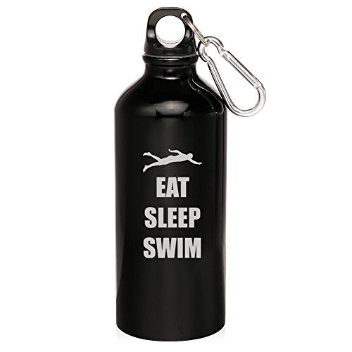 20oz Aluminum Sports Water Bottle Caribiner Clip Eat Sleep Swim Swimmer (Black)