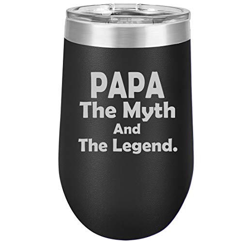 16 oz Double Wall Vacuum Insulated Stainless Steel Stemless Wine Tumbler Glass Coffee Travel Mug With Lid Papa Myth Legend (Black)