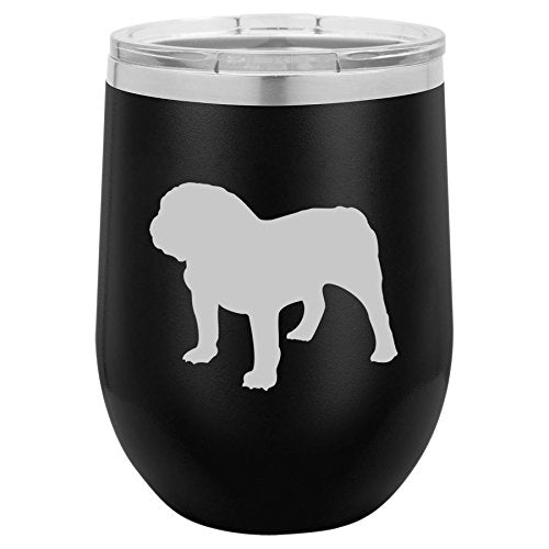 12 oz Double Wall Vacuum Insulated Stainless Steel Stemless Wine Tumbler Glass Coffee Travel Mug With Lid Bulldog (Black)