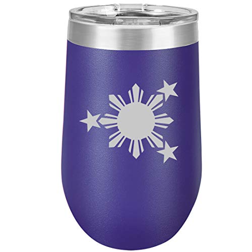 16 oz Double Wall Vacuum Insulated Stainless Steel Stemless Wine Tumbler Glass Coffee Travel Mug With Lid Philippines Stars And Sun (Purple)