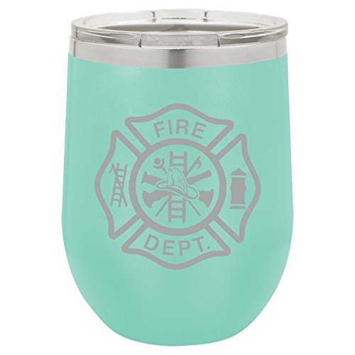 12 oz Double Wall Vacuum Insulated Stainless Steel Stemless Wine Tumbler Glass Coffee Travel Mug With Lid Fire Department Maltese Cross (Teal)