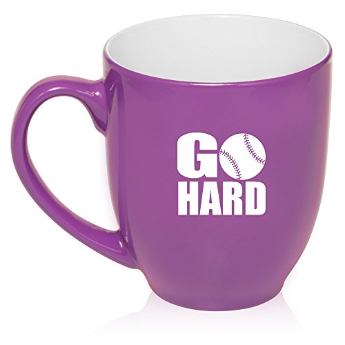 16 oz Large Bistro Mug Ceramic Coffee Tea Glass Cup Go Hard Baseball Softball (Purple)