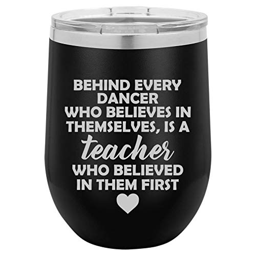 12 oz Double Wall Vacuum Insulated Stainless Steel Stemless Wine Tumbler Glass Coffee Travel Mug With Lid Dance Teacher Gift (Black)