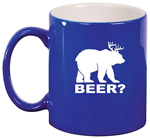 Ceramic Coffee Tea Mug Cup Deer + Bear = Beer Funny (Blue)