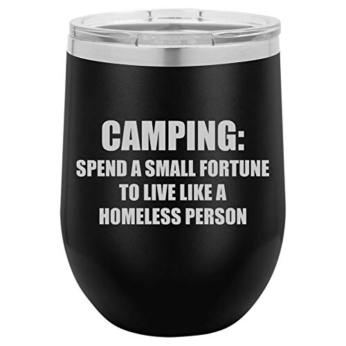 12 oz Double Wall Vacuum Insulated Stainless Steel Stemless Wine Tumbler Glass Coffee Travel Mug With Lid Camping Homeless Funny (Black)