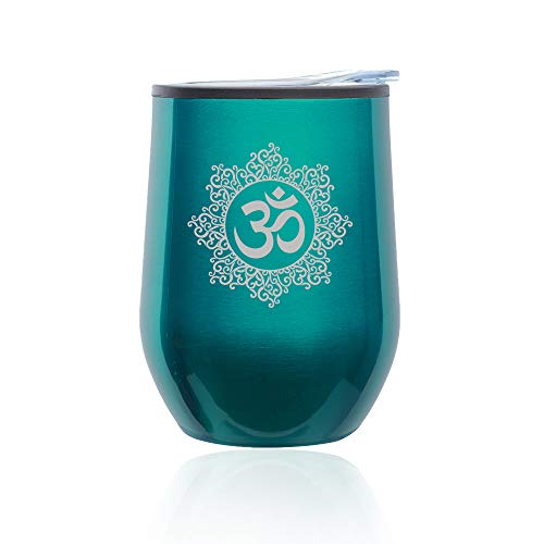 Stemless Wine Tumbler Coffee Travel Mug Glass With Lid Yoga Floral (Turquoise Teal)