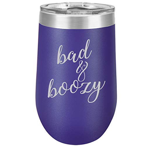 16 oz Double Wall Vacuum Insulated Stainless Steel Stemless Wine Tumbler Glass Coffee Travel Mug With Lid Bad & Boozy Funny (Purple)