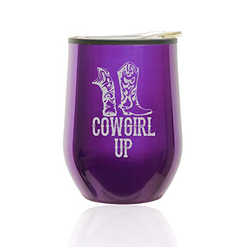 Stemless Wine Tumbler Coffee Travel Mug Glass With Lid Cowgirl Up Boots (Royal Purple)