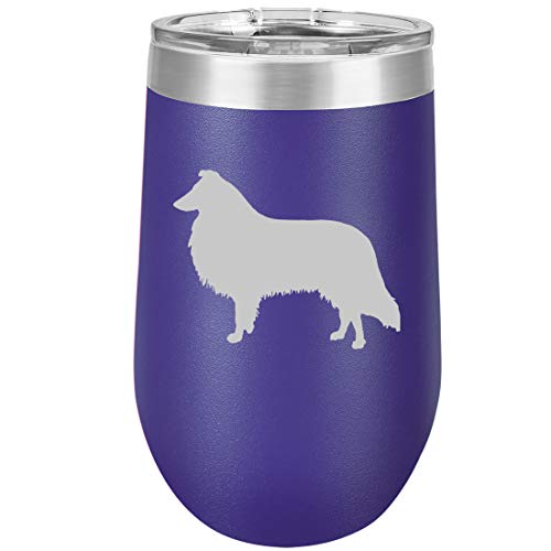 16 oz Double Wall Vacuum Insulated Stainless Steel Stemless Wine Tumbler Glass Coffee Travel Mug With Lid Collie (Purple)