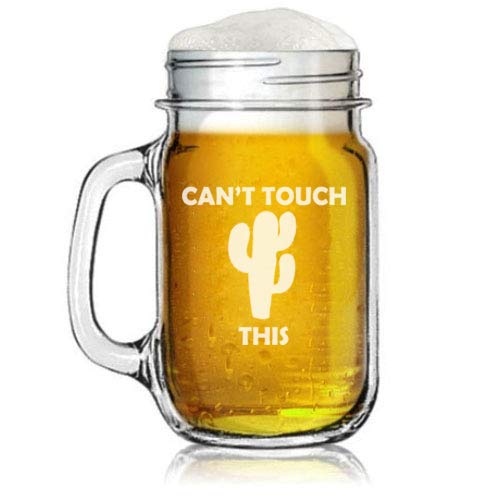 16oz Mason Jar Glass Mug w/Handle Can't Touch This Cactus Funny