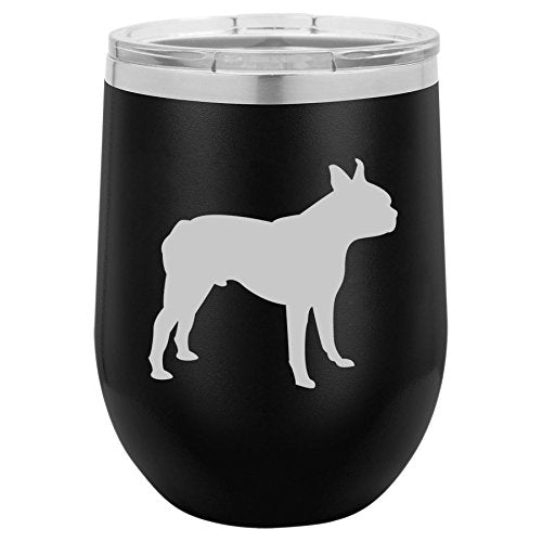 12 oz Double Wall Vacuum Insulated Stainless Steel Stemless Wine Tumbler Glass Coffee Travel Mug With Lid Boston Terrier (Black)