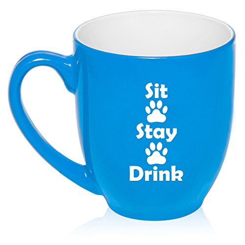 16 oz Large Bistro Mug Ceramic Coffee Tea Glass Cup Sit Stay Drink Funny Paw Prints Dog Cat Animal Lover (Light Blue)