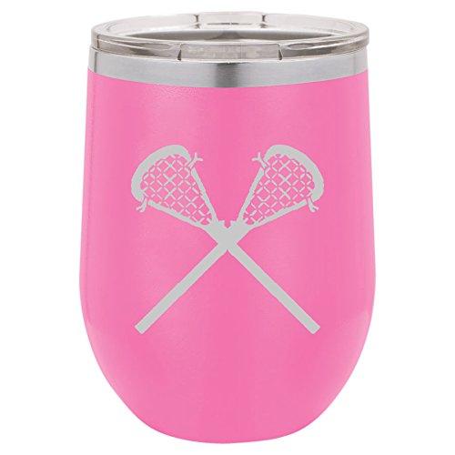 12 oz Double Wall Vacuum Insulated Stainless Steel Stemless Wine Tumbler Glass Coffee Travel Mug With Lid Lacrosse Sticks (Hot-Pink)