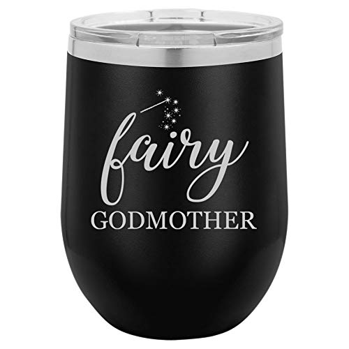 12 oz Double Wall Vacuum Insulated Stainless Steel Stemless Wine Tumbler Glass Coffee Travel Mug With Lid Fairy Godmother (Black)