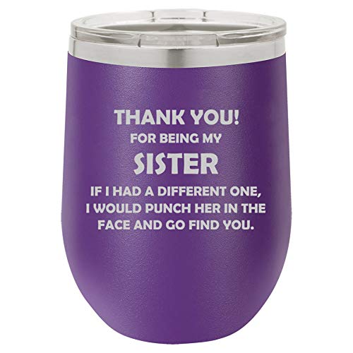 12 oz Double Wall Vacuum Insulated Stainless Steel Stemless Wine Tumbler Glass Coffee Travel Mug With Lid Sister Thank You For Being My Funny (Purple)