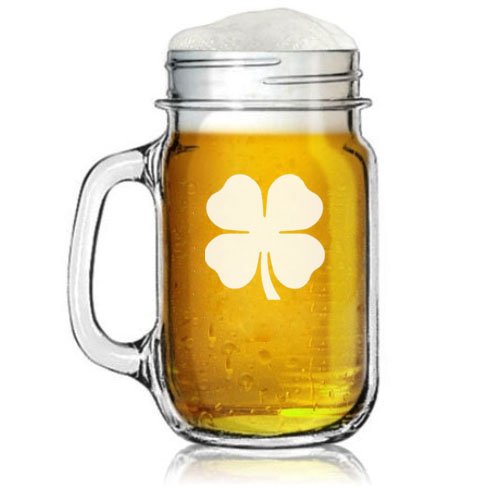 16oz Mason Jar Glass Mug w/ Handle 4 Leaf Clover