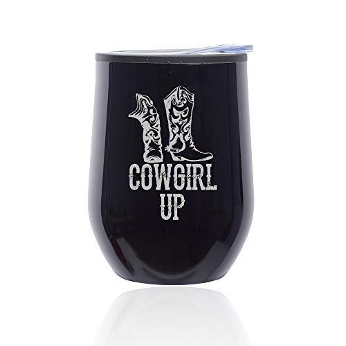 Stemless Wine Tumbler Coffee Travel Mug Glass With Lid Cowgirl Up Boots (Midnight Black)