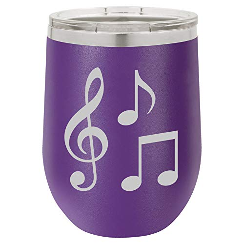 12 oz Double Wall Vacuum Insulated Stainless Steel Stemless Wine Tumbler Glass Coffee Travel Mug With Lid Music Notes (Purple)