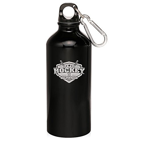 20oz Aluminum Sports Water Bottle Caribiner Clip Vintage Hockey (Black)