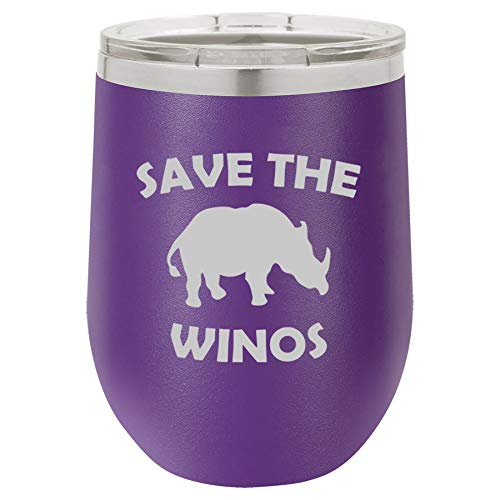 12 oz Double Wall Vacuum Insulated Stainless Steel Stemless Wine Tumbler Glass Coffee Travel Mug With Lid Save The Winos Rhinoceros Rhino Funny (Purple)