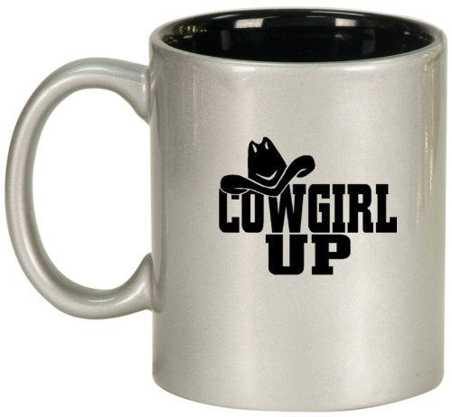 Silver Ceramic Coffee Tea Mug Cowgirl Up with Hat