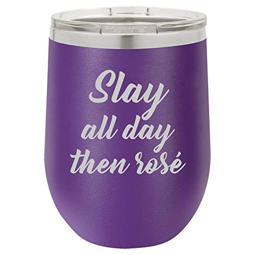 12 oz Double Wall Vacuum Insulated Stainless Steel Stemless Wine Tumbler Glass Coffee Travel Mug With Lid Slay All Day Then Rose (Purple)