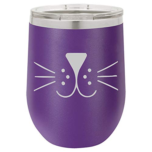 12 oz Double Wall Vacuum Insulated Stainless Steel Stemless Wine Tumbler Glass Coffee Travel Mug With Lid Cat Face Whiskers (Purple)