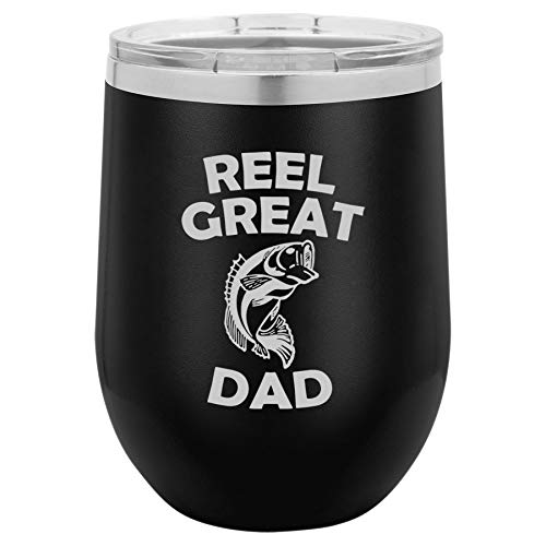 12 oz Double Wall Vacuum Insulated Stainless Steel Stemless Wine Tumbler Glass Coffee Travel Mug With Lid Reel Great Dad Bass Fish Fishing Father (Black)