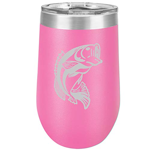 16 oz Double Wall Vacuum Insulated Stainless Steel Stemless Wine Tumbler Glass Coffee Travel Mug With Lid Bass Fish (Hot Pink)
