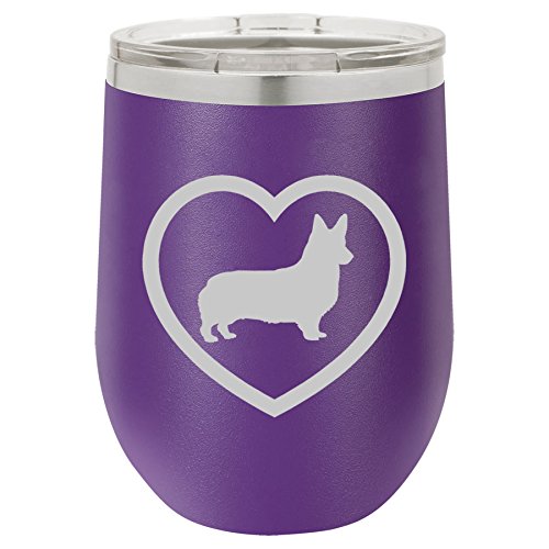 12 oz Double Wall Vacuum Insulated Stainless Steel Stemless Wine Tumbler Glass Coffee Travel Mug With Lid Corgi Heart (Purple)