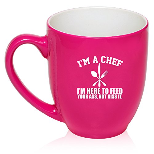16 oz Large Bistro Mug Ceramic Coffee Tea Glass Cup Chef Here To Feed You (Hot Pink)