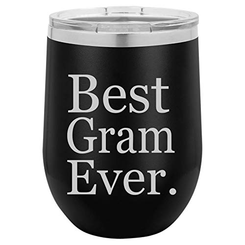 12 oz Double Wall Vacuum Insulated Stainless Steel Stemless Wine Tumbler Glass Coffee Travel Mug With Lid Best Gram Ever Grammy Grandma Grandmother (Black)